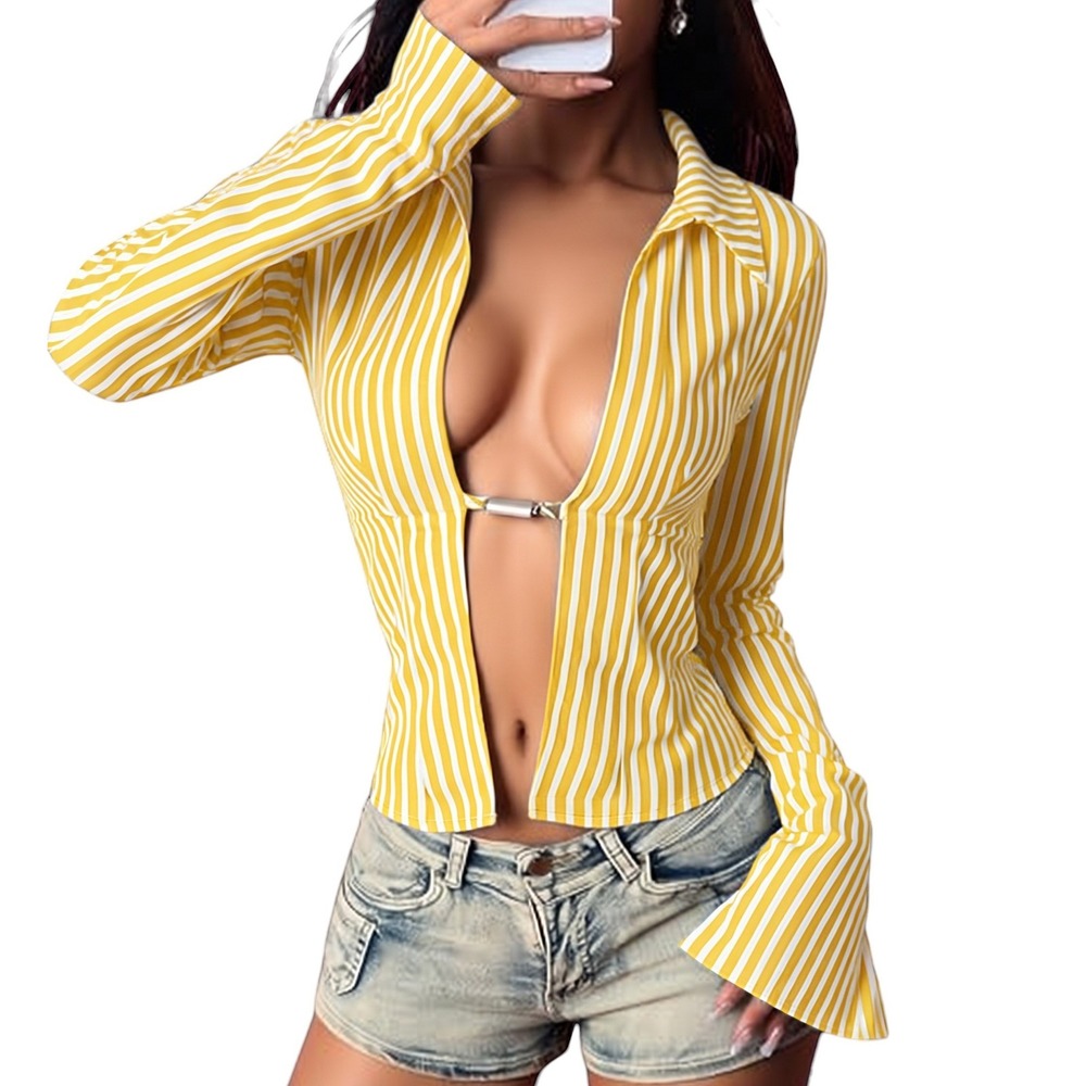 New Small Yellow Striped Open Front 90's Y2k Blouse Long Flare Sleeve Clasp Top